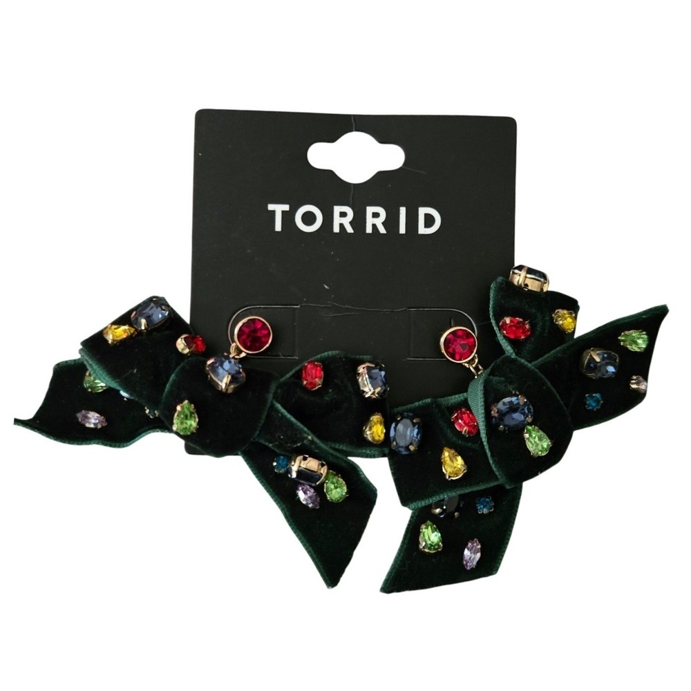 Torrid Holiday Bow Earrings Dark Green Velvet Rhinestone Gold‎ Tone Festive New